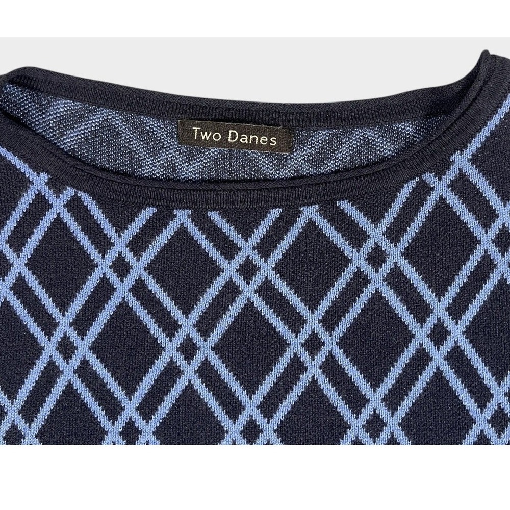 Two‎ Danes Knit Sweater Womens Blue Diamond Pattern XL/2XL Natural Fibers - Picture 2 of 5